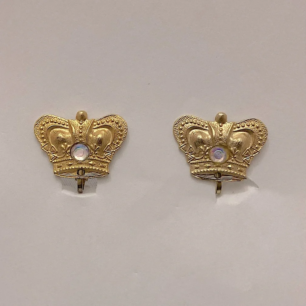 ⭐️ Vintage Gold Crown And Rhinestone Screw-Back Clip-On Stud Earrings